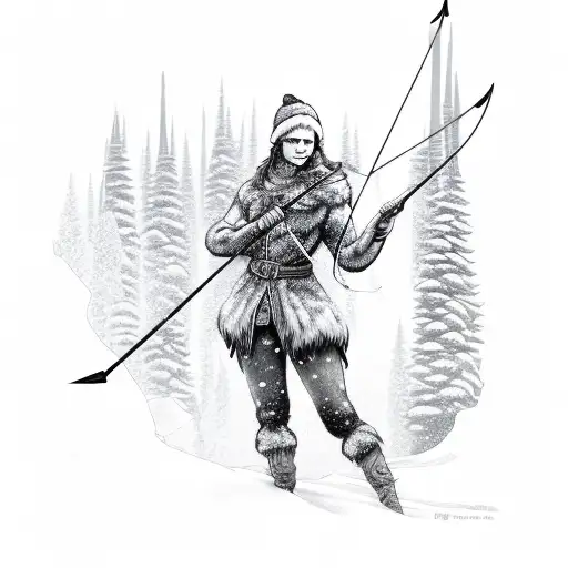 full body winter huntress holding bow and arrow  tattoo design idea