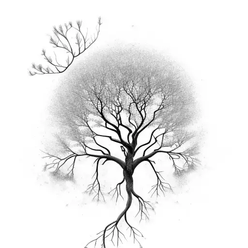 A black-grey tattoo of a tree with roots shaped like neurons, symbolizing the importance of mental health and nature tattoo design idea