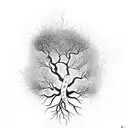 A black-grey tattoo of a tree with roots shaped like neurons, symbolizing the importance of mental health and nature tattoo design idea