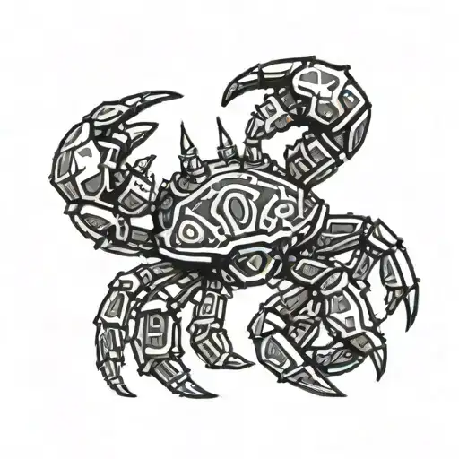A pixel art design of a crab (Cancer zodiac symbol) wearing power armor from Fallout 4 tattoo design idea