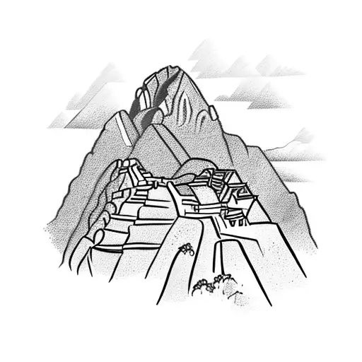 A black-grey tattoo depicting the iconic Machu Picchu ruins nestled in the Peruvian mountains tattoo design idea