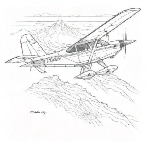 Incorporate a detailed illustration of a Tecnam P92 Eaglet aircraft flying over a mountain range tattoo design idea