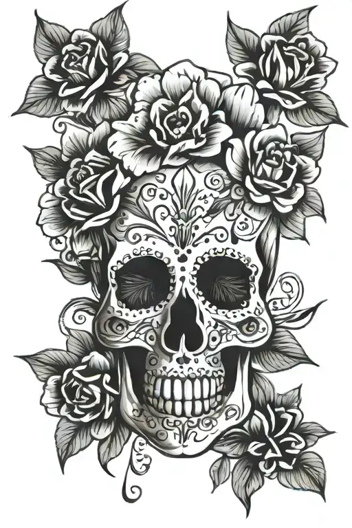 Mexican skull flowers tattoo design idea