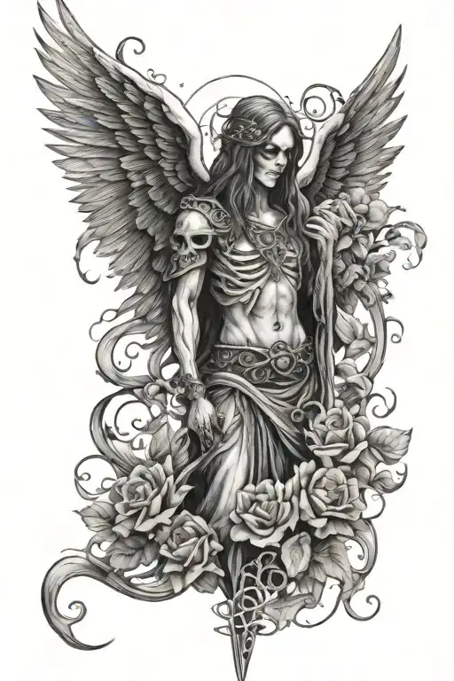 death angel with flowers intertwined tattoo design idea