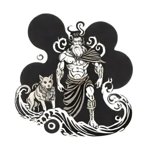 Hades: "Dark, shadowy god with a bident, three-headed dog at his feet." Poseidon: "God emerging from ocean waves, holdin tattoo design idea