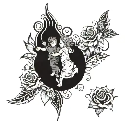 An intricate tattoo design of your kids playing with sun rays and rose petals, symbolizing the joy and beauty they bring into your life tattoo design idea