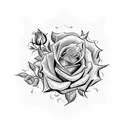 A rose surrounded by vines and topped with betty boop that reaches her shoulder tattoo design idea