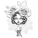 A rose surrounded by vines and topped with betty boop that reaches her shoulder tattoo design idea