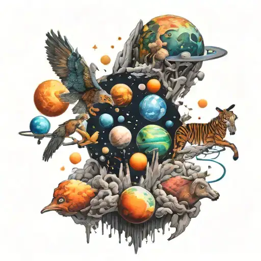 Korean style, planets exploding in outer space with various types of animals trying to escape the destruction tattoo design idea