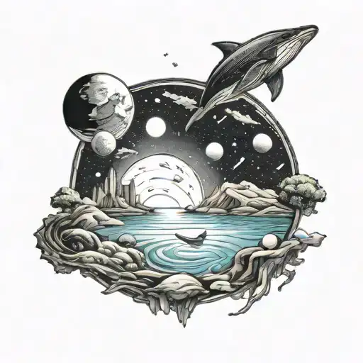 sleeping giants by a river with planets in the sky and a small whale flying overhead  tattoo design idea