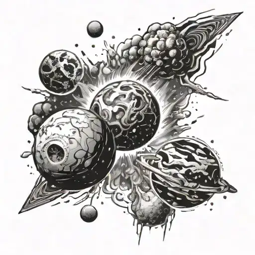 two solar systems colliding in outer space, massive explosions and destruction, asteroids and fireballs  tattoo design idea