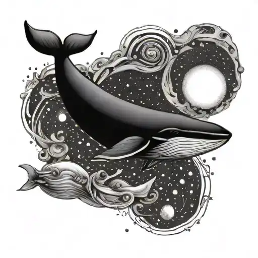 whale, moon, Saturn jupiter moon black hole tattoo design idea