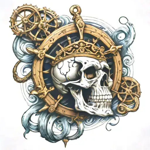 ships wheel anchor waves skull  tattoo design idea