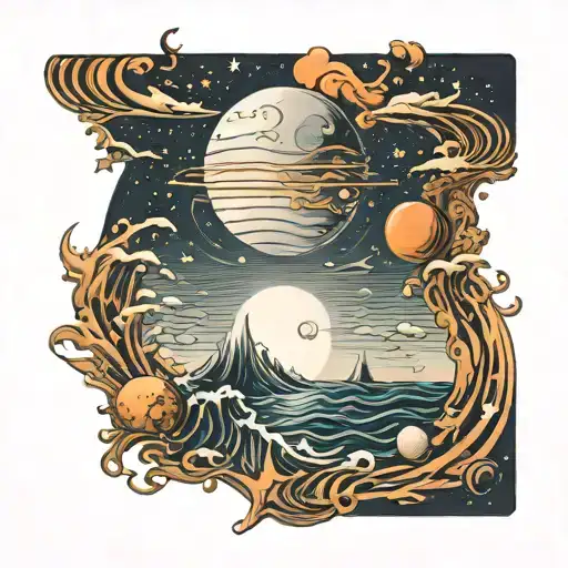 ocean waves moon stars saturn  tattoo design idea