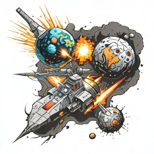 two solar systems colliding in outer space, massive explosions and destruction, asteroids and fireballs  tattoo design idea