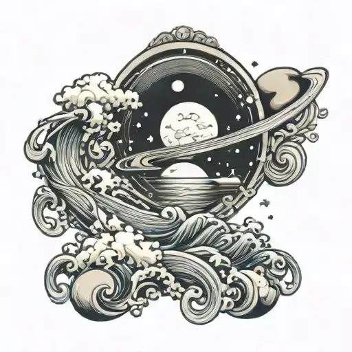 ocean waves moon stars saturn  tattoo design idea
