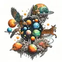 Korean style, planets exploding in outer space with various types of animals trying to escape the destruction tattoo design idea