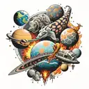 Korean style, planets exploding in outer space with various types of animals trying to escape the destruction tattoo design idea