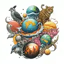 Korean style, planets exploding in outer space with various types of animals trying to escape the destruction tattoo design idea