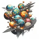 Korean style, planets exploding in outer space with various types of animals trying to escape the destruction tattoo design idea