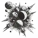 two solar systems colliding in outer space, massive explosions and destruction, asteroids and fireballs  tattoo design idea
