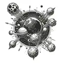 two solar systems colliding in outer space, massive explosions and destruction, asteroids and fireballs  tattoo design idea