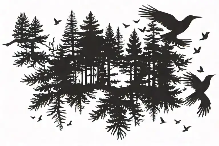 Pine Forest silhouette with small birds flying away tattoo design idea