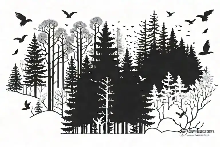 Pine Forest silhouette with small birds flying away tattoo design idea