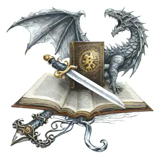 open book with sword stabbed into it, scales on the sword hilt, a dragons tail wrapped around the sword flying to a moon tattoo design idea