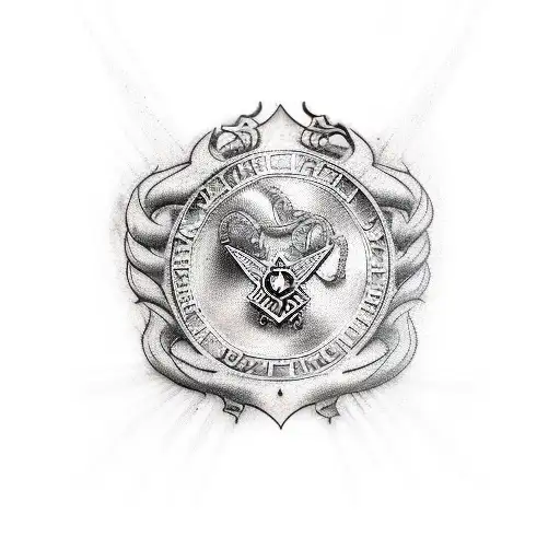 A realistic tattoo of a family crest with elements representing metal music, cooking, and the Air Force finance occupation tattoo design idea