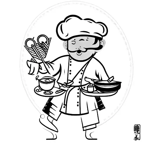 A chef cooking in a traditional Japanese kitchen with folklore creatures assisting tattoo design idea