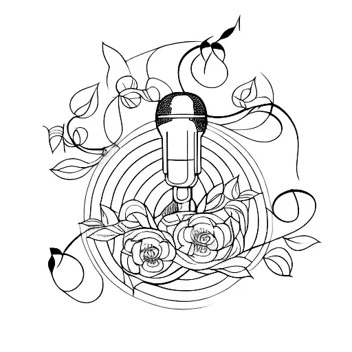 A detailed blackwork tattoo of a microphone intertwined with vines and flowers, symbolizing the client's love for music and nature tattoo design idea