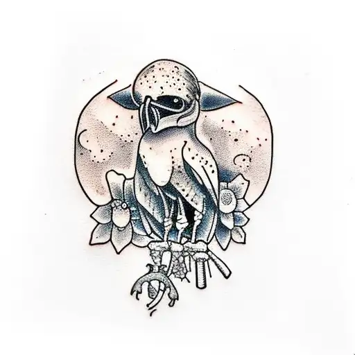 crow sitting on a human rib cage, with flowers and mushrooms blooming out of ground, with a small bone in mouth tattoo design idea