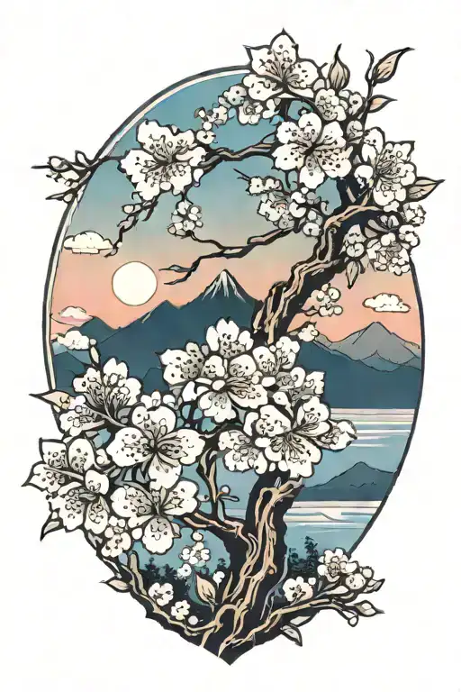 cherry blossom trees with rising sun and 3 blank rhombuses as fillers tattoo design idea