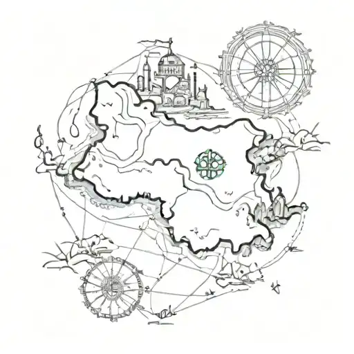 A sketch-style tattoo showcasing the map of Iran with the lion and sun symbol as the focal point, capturing the essence of strength and heritage tattoo design idea