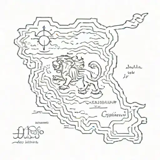 background map of Iran and Persian Gulf and the Caspian.  In the middle symbol of Iran's lion and sun under Ahura Mazda  tattoo design idea