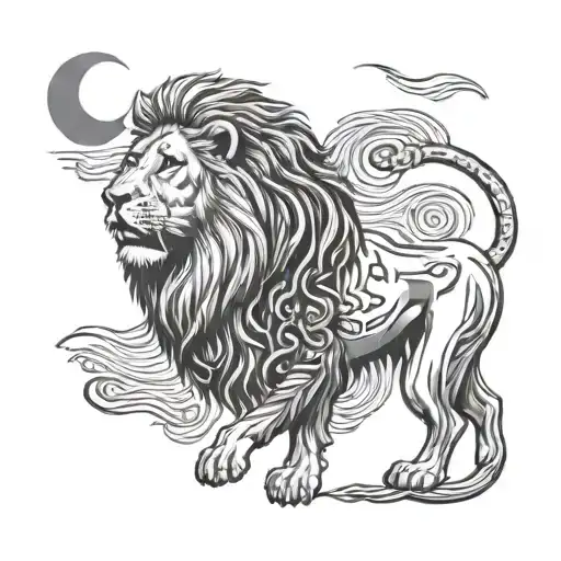 A realistic portrait of a powerful lion standing proudly under the symbol of Iran's lion and sun, set against a backdrop of the Persian Gulf and the Caspian Sea tattoo design idea