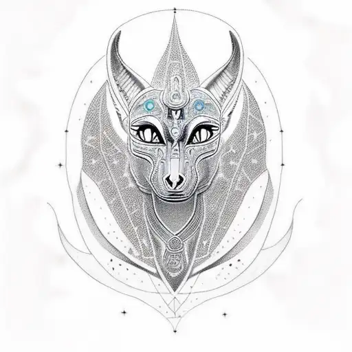 An intricate Anubis portrait with constellations forming his silhouette tattoo design idea