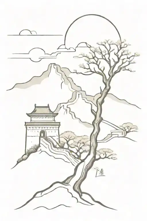 Asian tree and Great Wall of china in line sketch style tattoo tattoo design idea