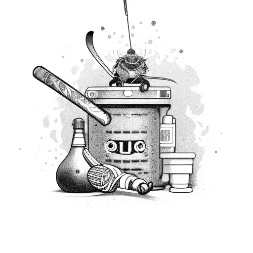 A detailed black and grey portrait of a pest control technician holding a hockey stick and surrounded by tequila bottles tattoo design idea