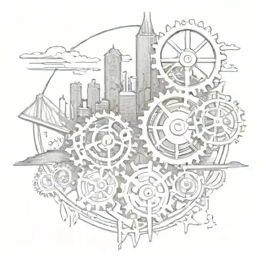 Pittsburgh skyline with mechanical gears incorporated tattoo design idea