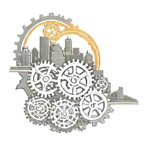 Pittsburgh skyline with mechanical gears incorporated tattoo design idea