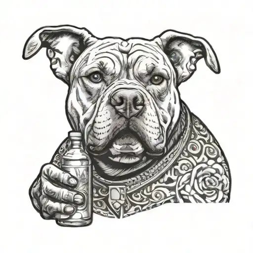 pitbull dog wearing a hockey jersey holding a tequila bottle tattoo design idea