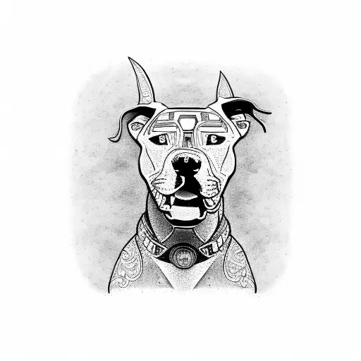 A dotwork design featuring a car engine transformed into a video game console, with a pitbull and tequila bottle as decorative elements tattoo design idea