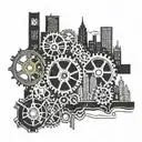 Pittsburgh skyline with mechanical gears incorporated tattoo design idea