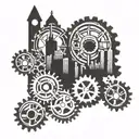 Pittsburgh skyline with mechanical gears incorporated tattoo design idea