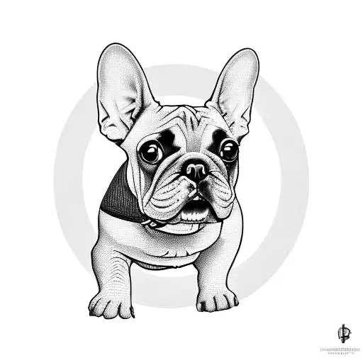 A blackwork tattoo of Buzz the French Bulldog with a binary code border tattoo design idea