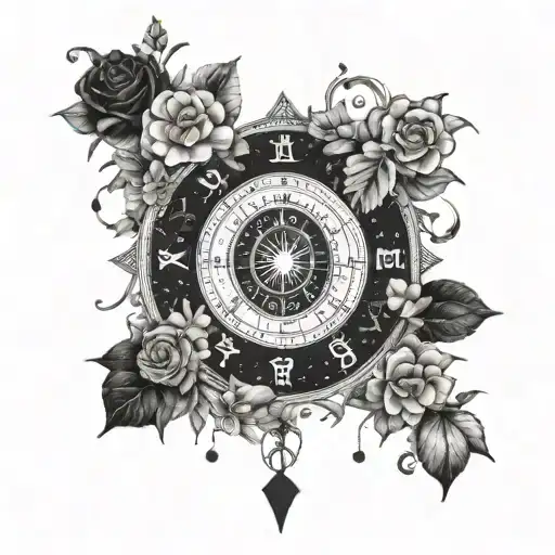 A mystical ouija board surrounded by intricate flowers and magical symbols tattoo design idea