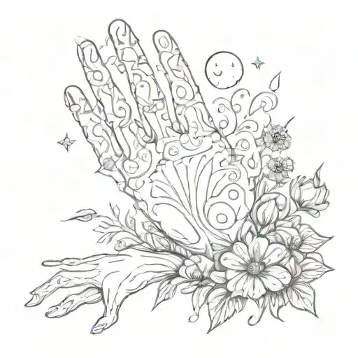 A ghostly hand reaching out from a field of flowers with a mysterious ouija board pattern tattoo design idea