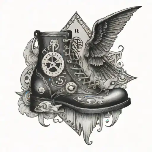 A black-grey tattoo of an ouija board planchette with magical symbols and hiking boots tattoo design idea